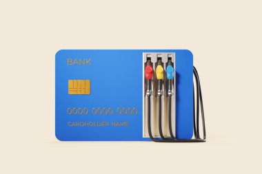Blue credit card and gas pumps on beige background. Concept of fuel and payment. 3D rendering