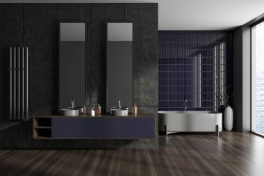 Dark bathroom interior with double sink and bathtub in the corner, hardwood floor. Panoramic window on skyscrapers. 3D rendering