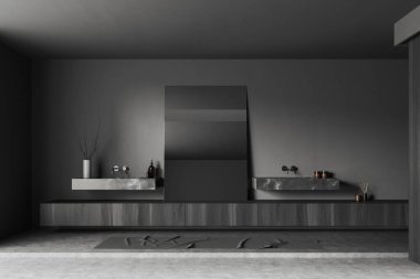 Dark bathroom interior with double sink and big mirror, marble deck and black wooden dresser with accessories, foot towel on grey concrete floor. 3D rendering