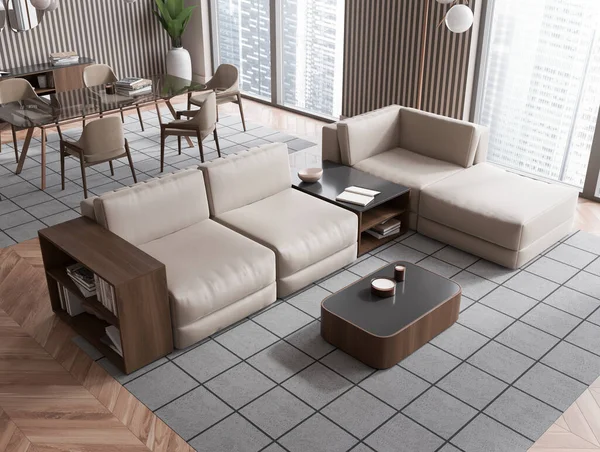 Top view of living room interior with sofa and dining table, coffee table on carpet, hardwood floor. Panoramic window on skyscrapers. 3D rendering
