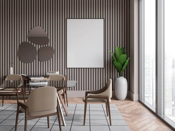 Front view on bright dining room interior with empty white poster, dining table, armchairs, mirror, sideboard, panoramic window with city view. Concept of minimalist design. Mock up. 3d rendering