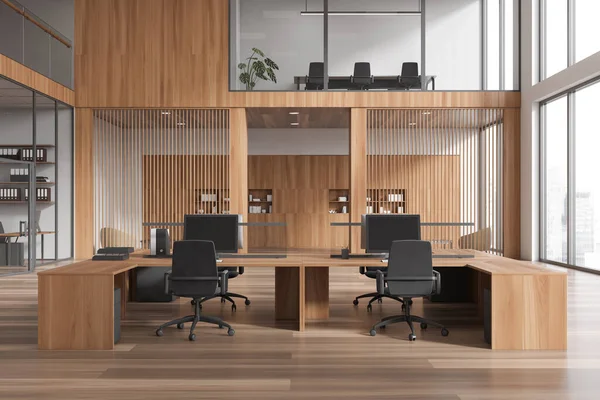 White workspace interior with coworking and conference zone behind glass doors. Two storey office loft with pc computer and panoramic window on skyscrapers. 3D rendering