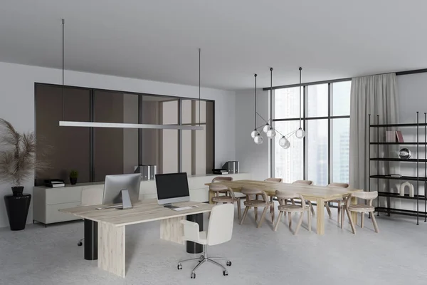 White business interior with coworking and conference corner, side view shelf with decoration on light concrete floor. Panoramic window on skyscrapers. 3D rendering