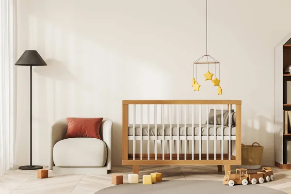 Light Baby Room Interior Wooden Crib Armchair Carpet Hardwood Floor — Stock Photo, Image