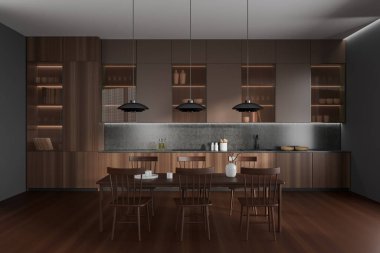 Front view on dark kitchen room interior with dining table with chairs, cupboard, grey wall, wooden floor, gas cooker, shelves with crockery, sink, desks. Concept of minimalist design. 3d rendering