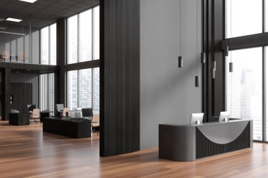 Corner view on dark office room interior with computers, reception, desks, armchairs, shelves with folders, oak wooden floor, window. Concept of company, firm, meeting space. 3d rendering