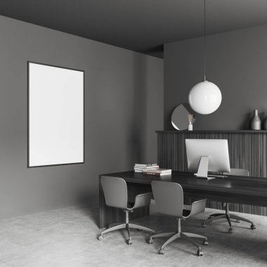 Corner view on dark office room interior with empty white template, computer, desk, armchairs, grey wall, concrete floor. Concept of company, firm, meeting space. 3d rendering