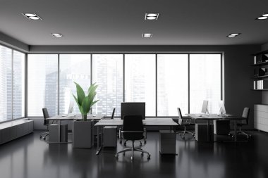 Front view on dark office room interior with computers, desks, armchairs, shelves with folders, panoramic window, concrete floor. Concept of company, firm, meeting space. 3d rendering