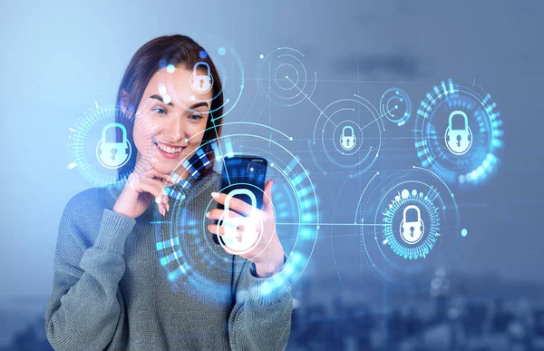 Happy woman with phone in hand, virtual screen with cybersecurity icons hud hologram, encryption and data protection. Concept of internet security