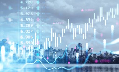 Forex diagram with bar chart and numbers. Stock market analysis, double exposure with skyscrapers in Manhattan east side, financial hologram with bokeh lights