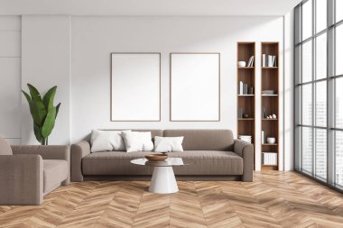Front view on bright living room interior with two empty white posters, panoramic window, armchair, sofa, coffee table, bookshelf, hardwood floor. Concept of minimalist design. Mock up. 3d rendering