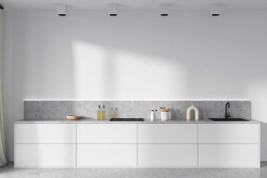 Front view on bright kitchen room interior with cupboard, white wall, concrete floor, sink, plates, oil, gas cooker. Concept of minimalist design. 3d rendering