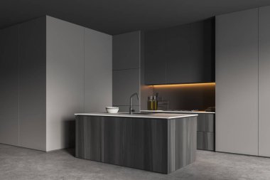Dark kitchen interior and bar island with sink, stove and kitchenware. Deck with appliances, side view, shelves on grey concrete floor. 3D rendering