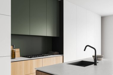 Modern kitchen interior with bar island, side view, sink and stove. Kitchenware and dishes on deck. 3D rendering