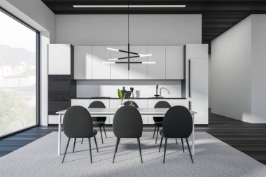 Black and white kitchen interior with chairs and dining table, front view, carpet on dark hardwood floor. Cooking area and panoramic window on countryside, 3D rendering