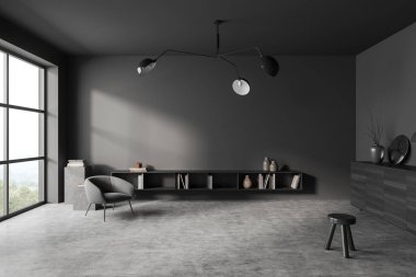 Front view on dark living room interior with panoramic window, grey wall, armchair, coffee table, houseplant, bookshelf, concrete floor. Concept of minimalist design. 3d rendering