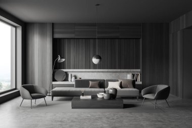 Grey living room interior with sofa and armchairs, front view, coffee table and stand with decoration, carpet on grey concrete floor. Panoramic window on countryside. 3D rendering
