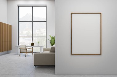 White home office interior with sofa, armchair and laptop on desk, light tile floor. Workplace with panoramic window on countryside. Mockup poster before entrance. 3D rendering
