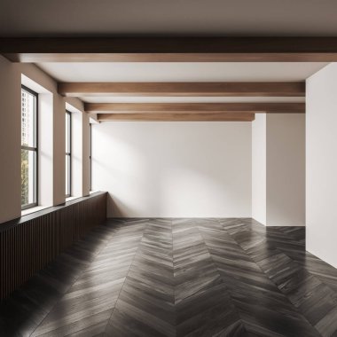 Light studio interior with dark hardwood floor, front view, empty open space apartment, panoramic window on New York city view. No furniture, no people. 3D rendering