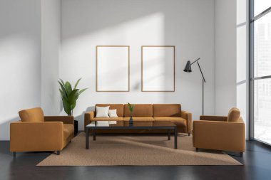 Modern living room interior with couch and armchairs on carpet, dark concrete floor. Coffee table and panoramic window on city view. Two mock up canvas on white wall. 3D rendering