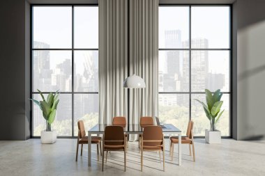 Meeting room interior with chairs and laptop on table, light concrete floor, curtains and plant. Panoramic window on New York city view. 3D rendering
