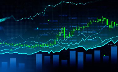Borsa değişiklikleri, ticari şamdanlar rakamlı grafikler. Bar çizelgesi ve çizgileri olan beyaz hologram. Forx kavramı, çevrimiçi ticaret. 3B görüntüleme