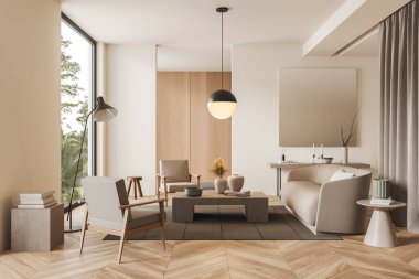 Beige living room interior with sofa and armchairs, coffee table and stand art decoration, carpet on hardwood floor. Panoramic window on tropics. 3D rendering