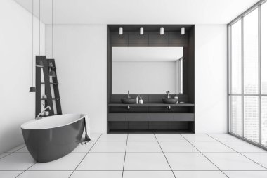 Front view on dark bathroom interior with large mirror, bathtub, panoramic window with city skyscraper view, shelves, towel, white walls, liquid soap. 3d rendering