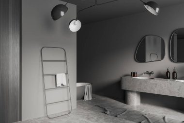 Dark bathroom interior with sink and mirror, bathtub and towel rail ladder, side view, carpet on grey concrete floor. Washing corner in apartment. 3D rendering