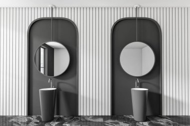 Black and white bathroom interior with double sink and round mirror, marble floor. Stylish washbasin in modern hotel studio. 3D rendering