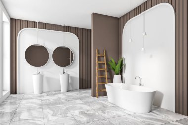 White bathroom interior double sink and bathtub. Stylish hotel washing room, side view, rail ladder and plant in the corner on light tile marble floor. 3D rendering