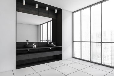 Light bathroom interior with double sink and mirror, side view, panoramic window on city view. Bathing accessories and white tile floor. 3D rendering