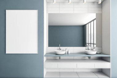 Blue bathroom interior with double sink and mirror, window reflection with city view, deck with accessories. Mock up poster canvas. 3D rendering