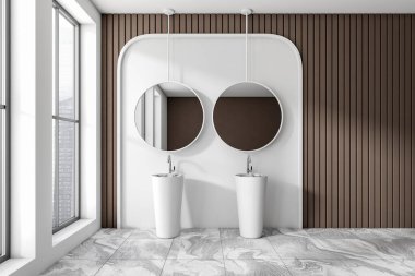 White bathroom interior with double sink and two round mirrors, panoramic window on Singapore city view. Elegant washing corner with tile marble floor, modern hotel apartment. 3D rendering