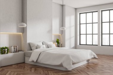 Corner view on bright bedroom interior with empty white wall, bed, bedside, panoramic window, houseplant and oak wooden hardwood floor. Concept of minimalist design. Creative idea. 3d rendering