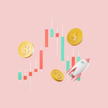 Financial chart with candlesticks and gold crypto coins on light pink background. Concept of idea and investment. 3D rendering