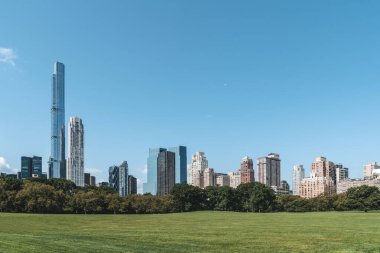 New York skyscrapers, green lawn at central park with trees. Skyline of megapolis and financial trade center. Concept of business and lifestyle