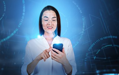 Businesswoman smiling finger touch phone in hands, biometric verification and facial recognition. Metaverse and binary. Concept of face id and technology