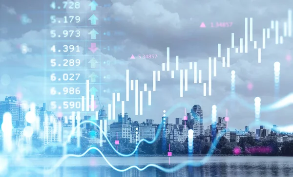 Forex diagram with bar chart and numbers. Stock market analysis, double exposure with skyscrapers in Manhattan east side, financial hologram with bokeh lights