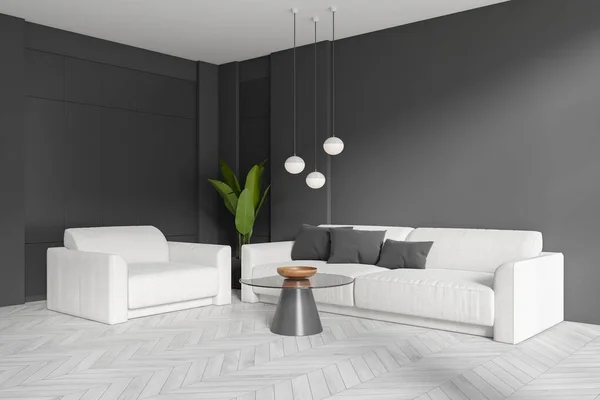 Corner view on dark living room interior with empty grey wall, armchair, sofa, coffee table, houseplant, oak wooden hardwood floor. Concept of minimalist design. 3d rendering