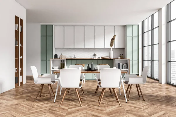 Modern Kitchen Interior Dining Table Chairs Countertop Hardwood Floor Shelf — ストック写真