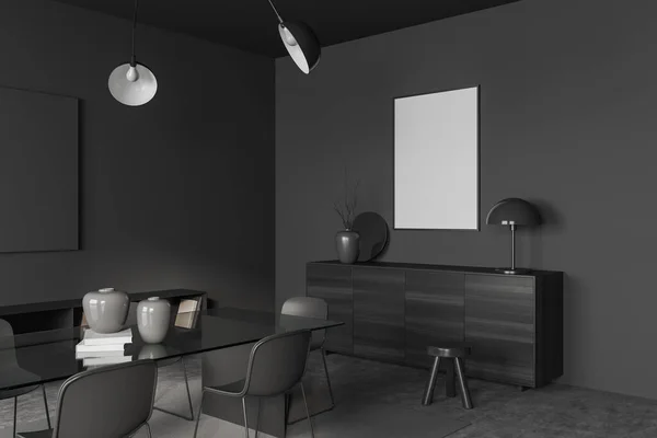 Dark living room interior with chairs and table on carpet, side view, commode with decoration on grey concrete floor. Mockup canvas poster. 3D rendering