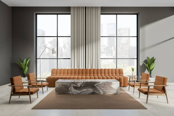 Light Living Room Interior Sofa Armchairs Coffee Table Carpet Panoramic — Stock Photo, Image