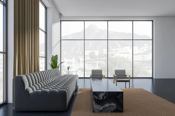 Moderne Wohnzimmereinrichtung Mit Sofa Seitenblick Zwei Sesseln Und Couchtisch Auf — Stockfoto