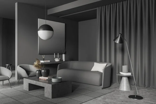 Corner view on dark living room interior with two armchairs, sofa, coffee table, books and crockery, grey wall, carpet, candles, concrete floor. Concept of minimalist design. 3d rendering