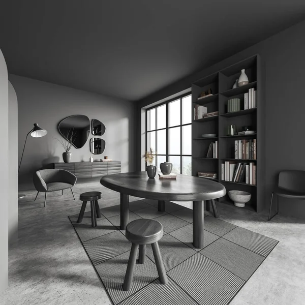 Dark living room interior with wooden stools and table, side view, dresser and shelf with decoration, carpet on grey concrete floor. Panoramic window on countryside. 3D rendering