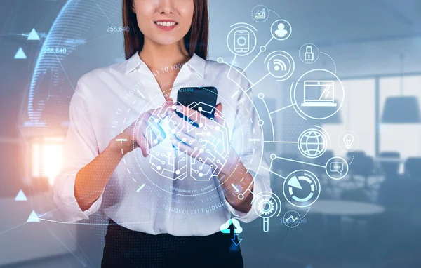 Businesswoman Wearing Formal Wear Holding Smartphone Digital Interface Virtual Brain — Stockfoto