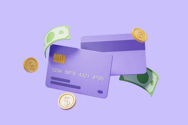 Banknotes Gold Coins Bank Credit Card Purple Background Concept Savings — Stock fotografie