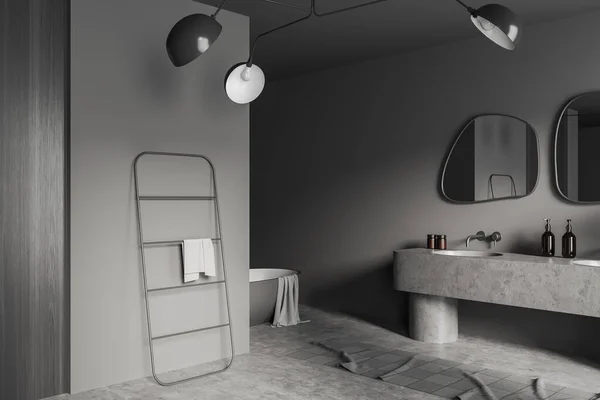 Dark Bathroom Interior Sink Mirror Bathtub Towel Rail Ladder Side — Fotografia de Stock