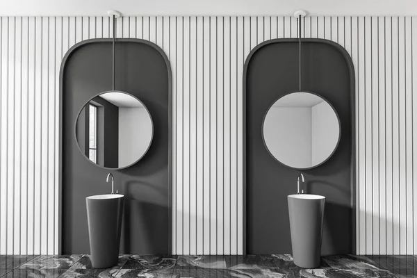 Black White Bathroom Interior Double Sink Mirror Marble Floor Stylish - Stock-foto
